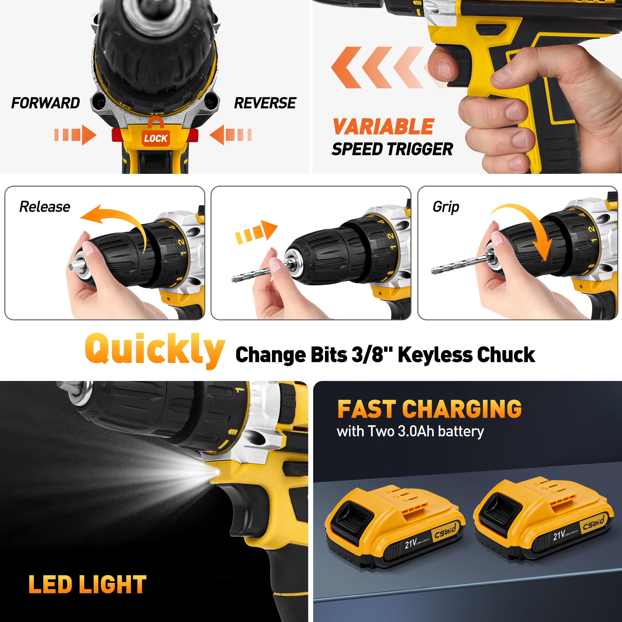 Cshidworld Tool Set with 21V Cordless Drill, Drill Set with 2 Batteries and Charger, 95PCS Electric Power Drill Tool Kit, Repair Tools Sets Combo Kits Storage Organizer Case for Men Women, Yellow
