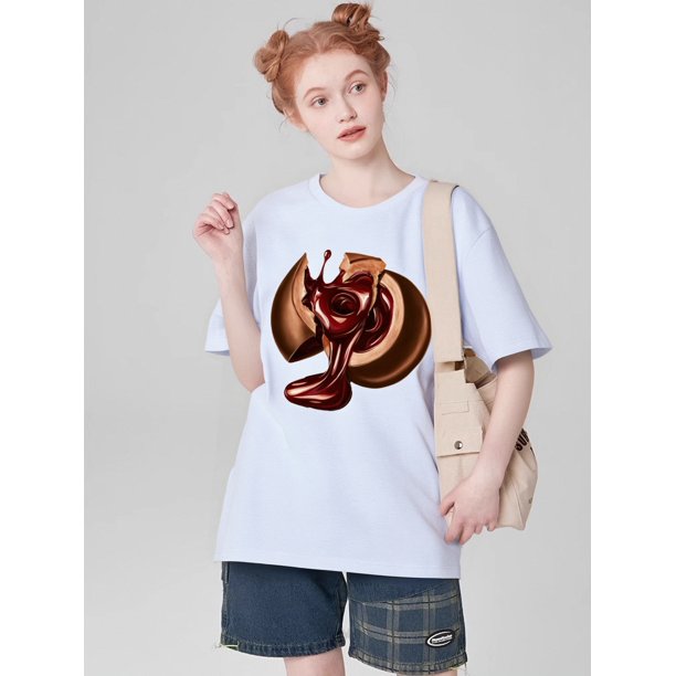 Camiseta informal y cómoda para mujer con un diseño único de chocolate. Cuello redondo y manga corta. Perfecta para todas las estaciones. Camiseta deportiva de ocio.