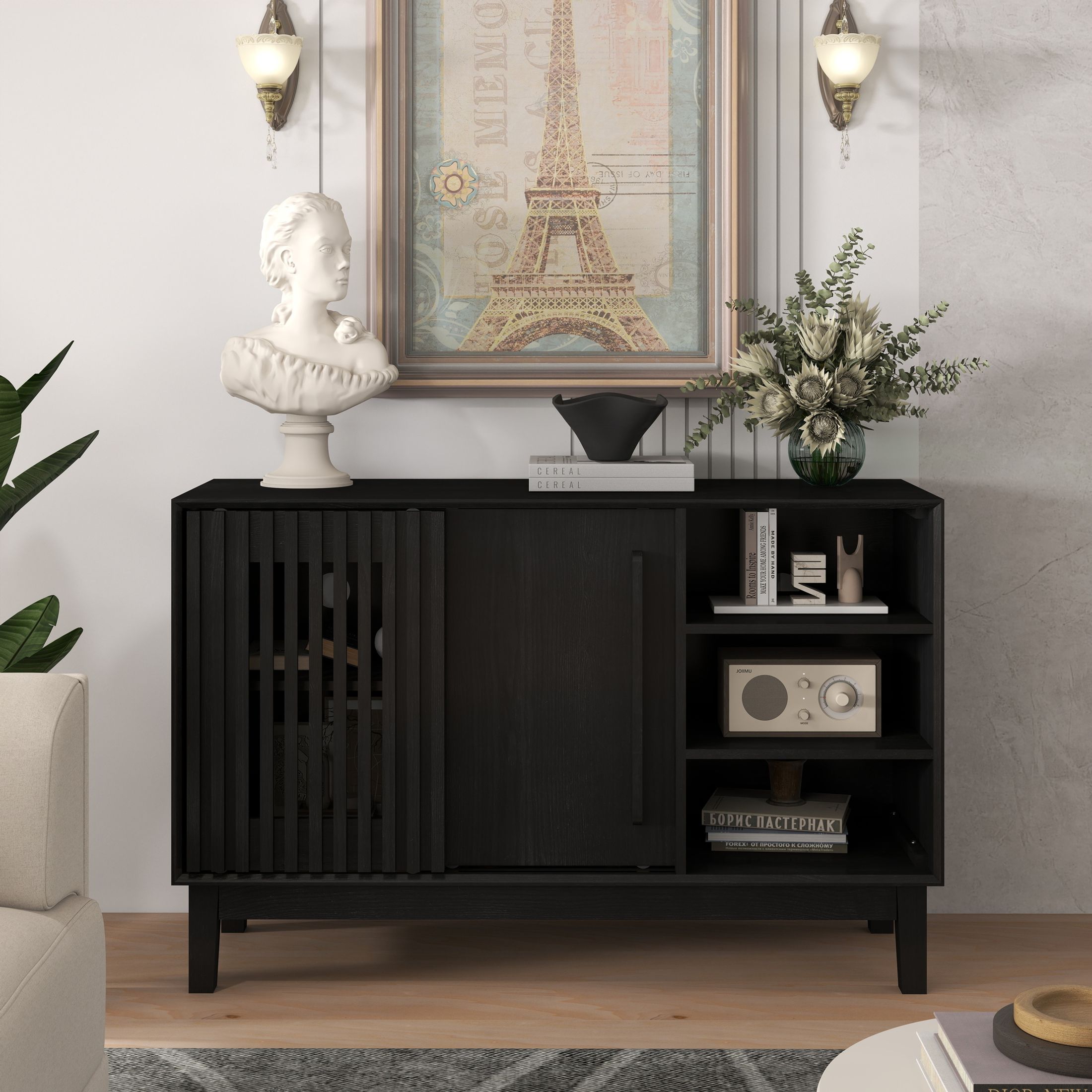 GDF Studio 47.3" Farmhouse Fluted Sideboard Buffet Cabinet with 2 Doors, Solid Wood Feet, Black