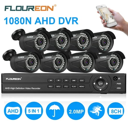 FLOUREON House Security Camera System 1 X 8CH 1080P 1080N AHD DVR + 8 X Outdoor 3000TVL 1080P 2.0MP Camera Security Kit