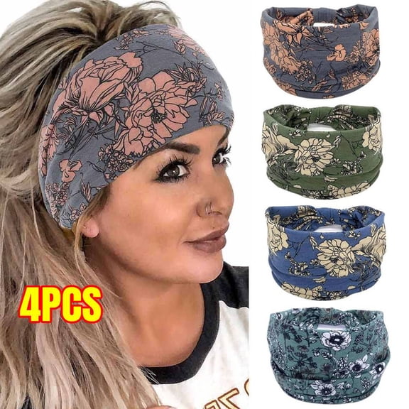 4PCS Wide Boho Headbands for Women, Fashion Knotted Headband Yoga Workout Hair Accessories African Head Wrap