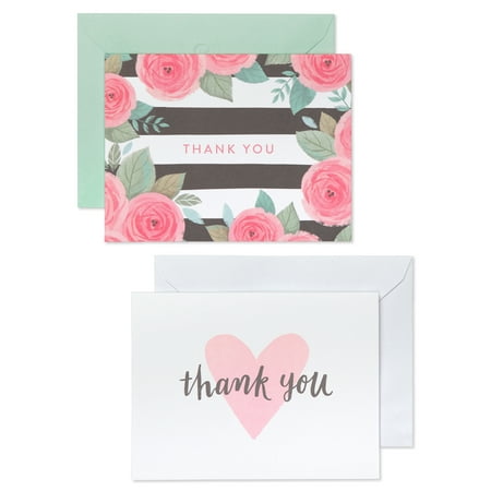 American Greetings 50 Count Thank You Cards and White Envelopes, Pink, Black and White Floral and Hearts