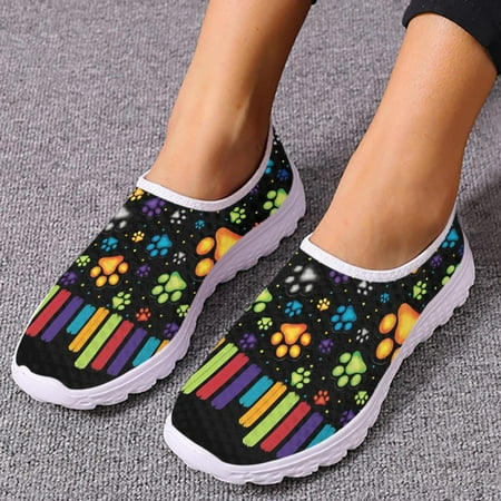 Colorful Dog Paw Print Loafers For Women Comfortable And Breathable Home Flats Black Mesh Shoes Spring Gift Zapatos