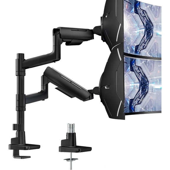 ARES WING Dual Monitor Mount for 17–49" Ultrawide Screens, Heavy Duty Gas Spring Monitor Arm Desk Mount, Height Adjustable Dual Monitor Stand with Clamp & Grommet, VESA 75x75 100x100, Black