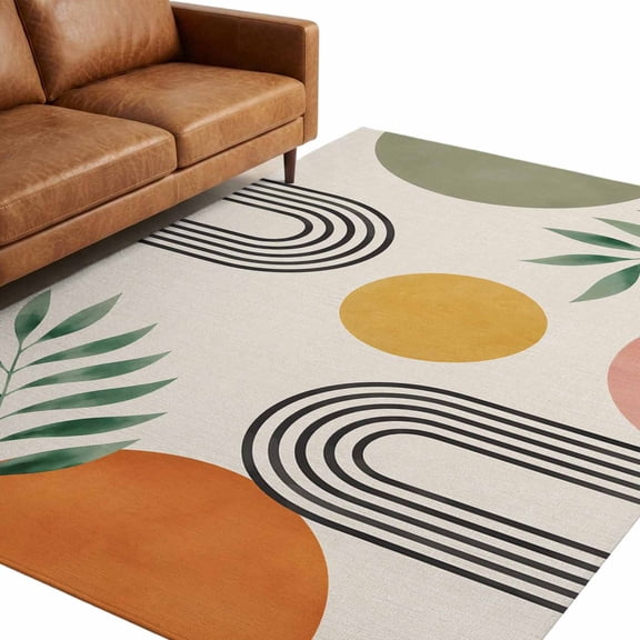 Abstract Geometric Washable Area Rug 5 x 7 ft Boho Vintage Yellow Orange Sun Green Leaf Arches Soft Non‑Slip Rugs Stain Repellent Indoor Mats for Living‑Room, Formal Dining Room, Recreation Room