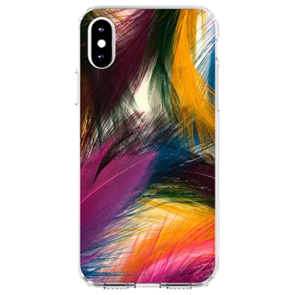 DistinctInk Clear Shockproof Hybrid Case for iPhone XS Max (6.5" Screen) - TPU Bumper, Acrylic Back, Tempered Glass Screen Protector - Multi Color Feathers