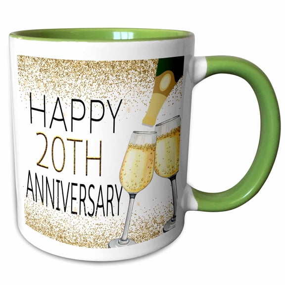 3drose, Happy 20th Anniversary Image of Gold Champagne Glasses, 15oz Two-tone Green Mug