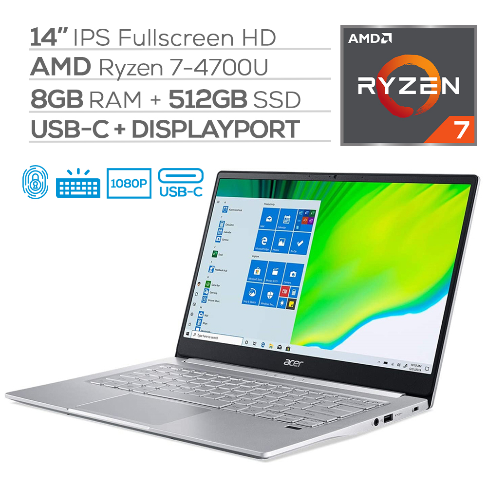 Acer Swift 3 Narrow Bezel Laptop, 14" IPS Full HD, AMD Ryzen 7 4700U 8