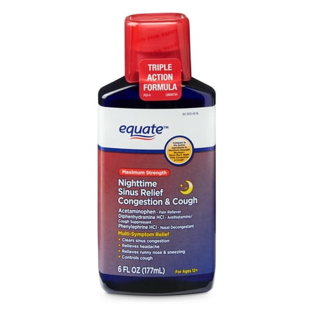 Equate Maximum Strength Nighttime Sinus Relief Congestion & Cough, Ages 12+, 6 fl (Best Nighttime Congestion Relief)