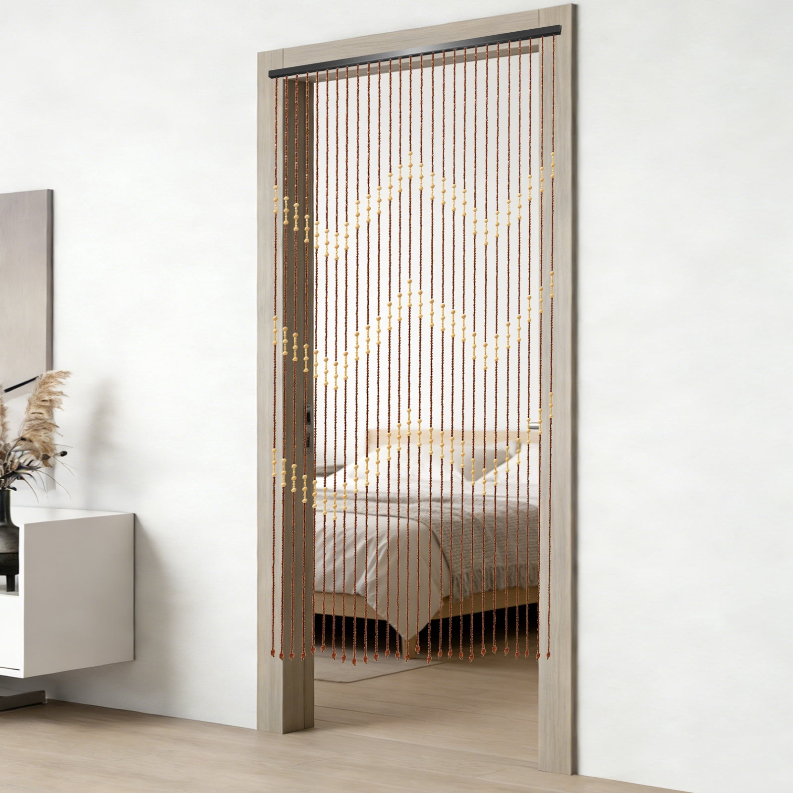 Wood Beaded Curtain, 27 Lines Wave Dense Fringe Beaded, Tassel Hanging for Window Treatment and Home Decoration