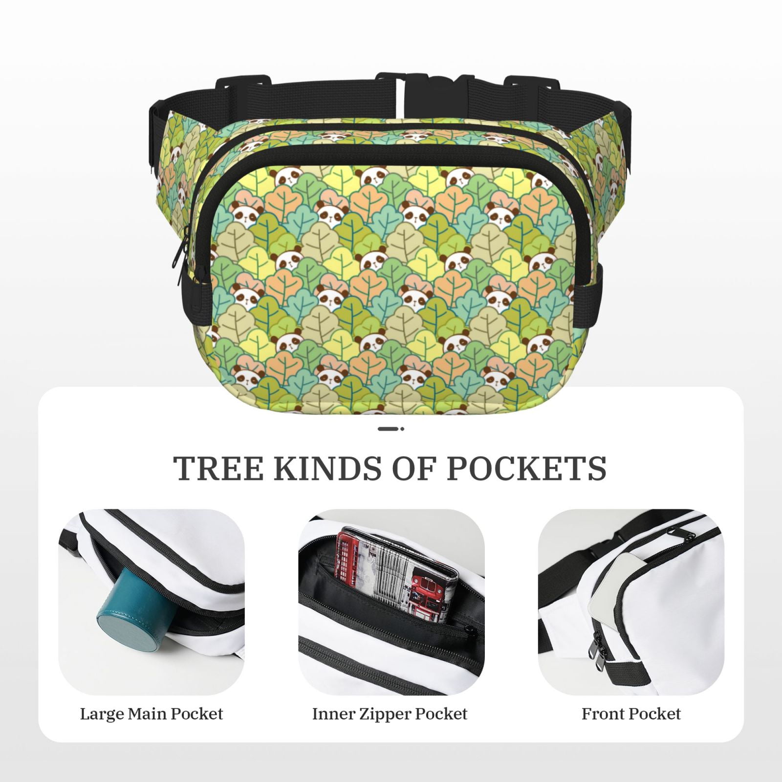 Picia Cartoon Panda And Leaf Print Square Double-Layer Waist Bag Mini Adjustable Waist Belt Bag Exercise Running Travel Hiking