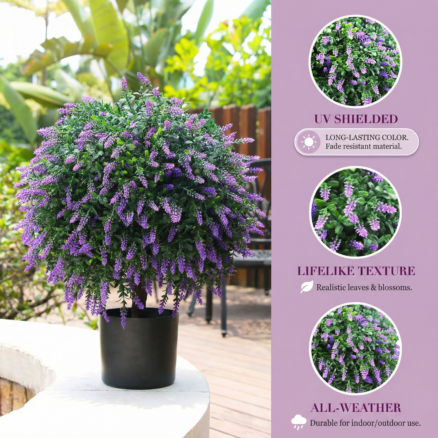 Bibana Set of 2 Artificial Lavender Topiary Ball Trees, 21.6in Tall UV Resistant Potted Plants for Indoor & Outdoor Home Garden Decor (Purple)