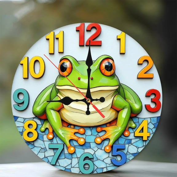 Frog Wall Clock with Colorful Number Design 10-Inch Silent Wooden Wall Clock, Battery Operated (AA Batteries Not Included), Artistic Home Decor