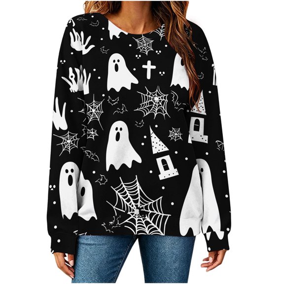 jobturf Halloween Sweatshirts for Women Cute Printed Crewneck Sweatshirts Fall Winter Fleece Lined Festival Tops Long Sleeve Pullover Top 3X-Large