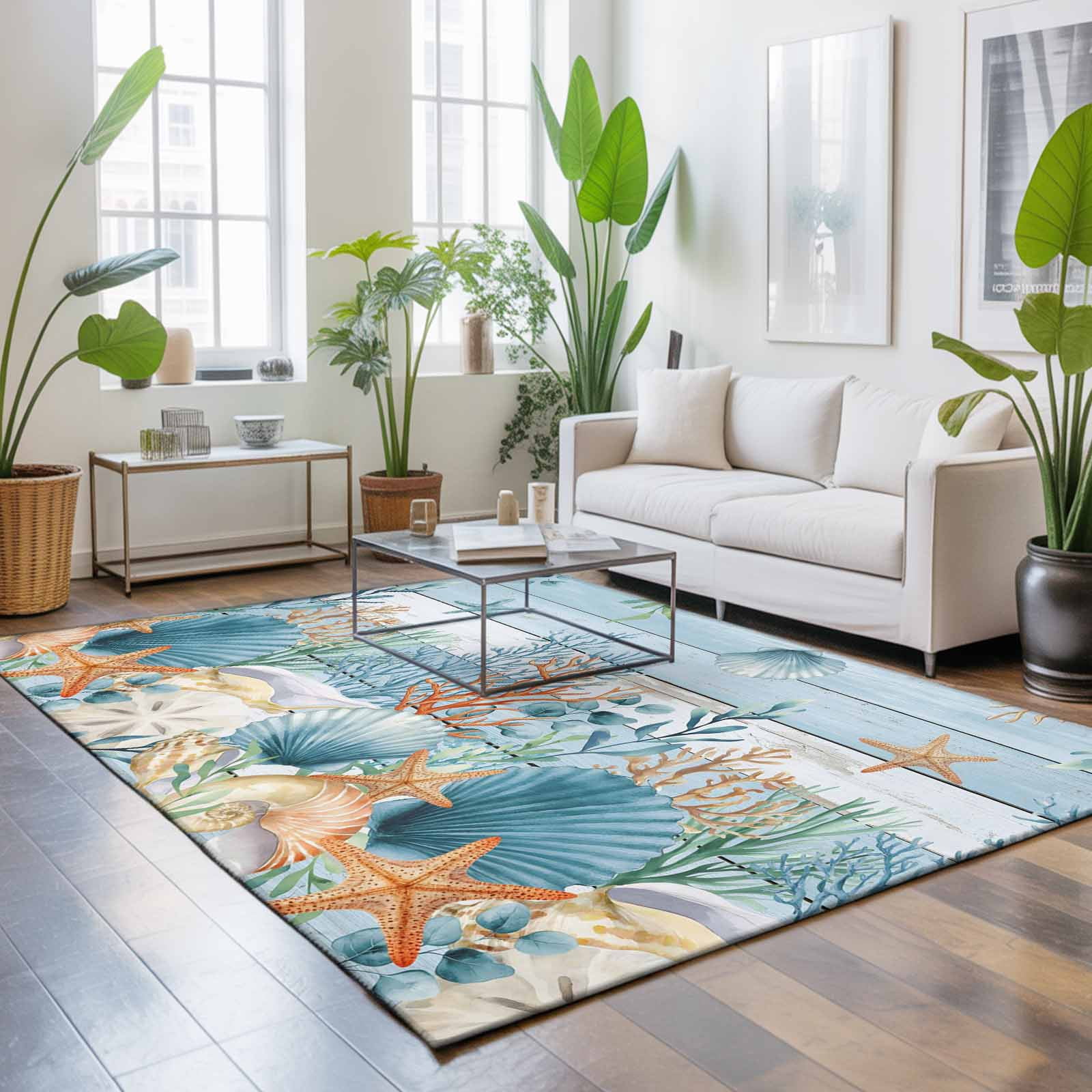 Area Rugs 3'x5', Blue Coastal Carpet Runner Indoor Outdoor Rugs Home Decor Aesthetic, Summer Beach Starfish Shell Coral Nautical Non Slip Mats Washable Accent Rug for Living Room Bedroom