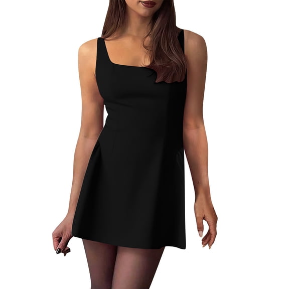 Cekizud Summer Dresses for Women Square Neck Sleeveless A-Line Mini Dress for Work Office Party,Sizes S-2XL