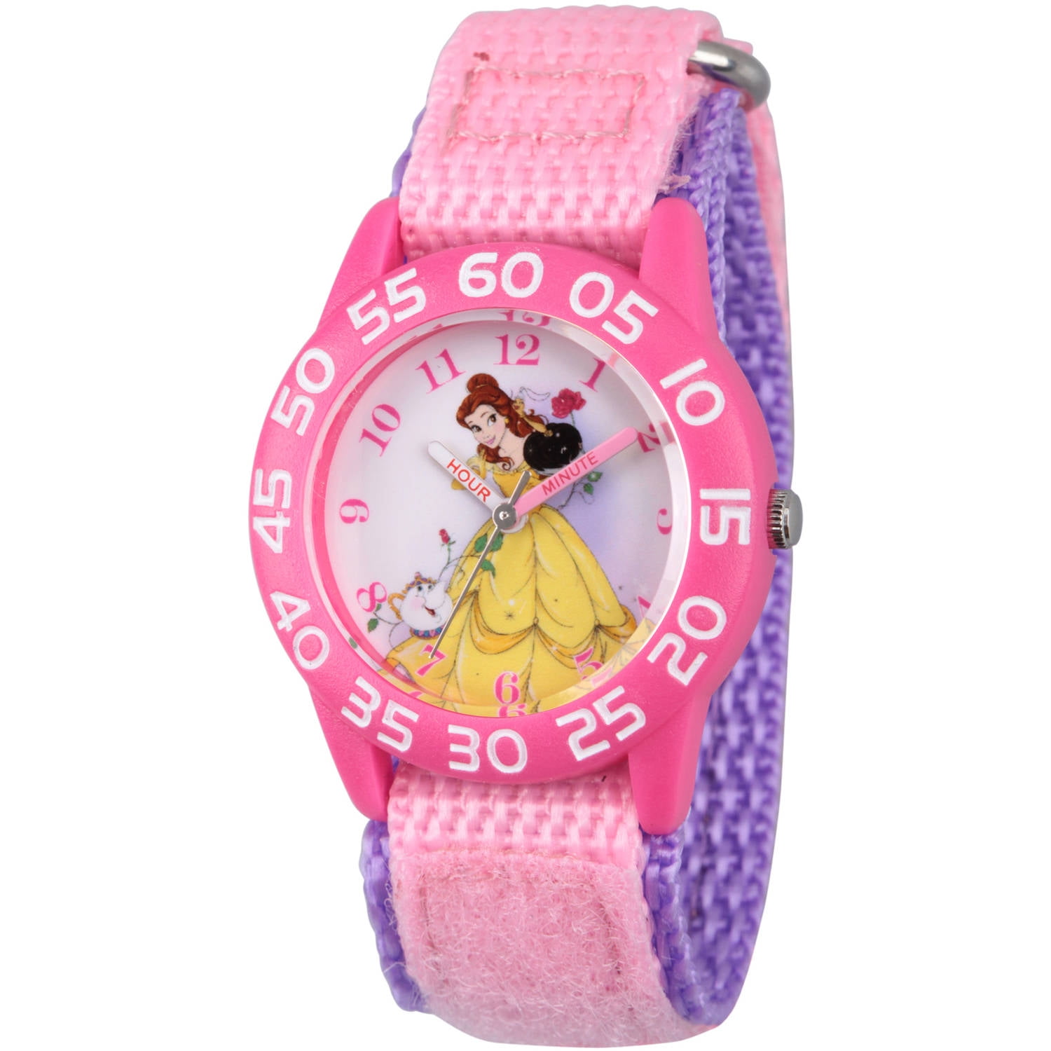 Princess Belle Girls' Pink Plastic Time Teacher Watch, Pink Hook and Loop Nylon Strap with Purple Backing