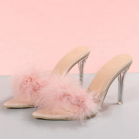 

Women s Open Toe Furry Slip on High Heel Pumps Shoes Party Wedding Fashion Shoes