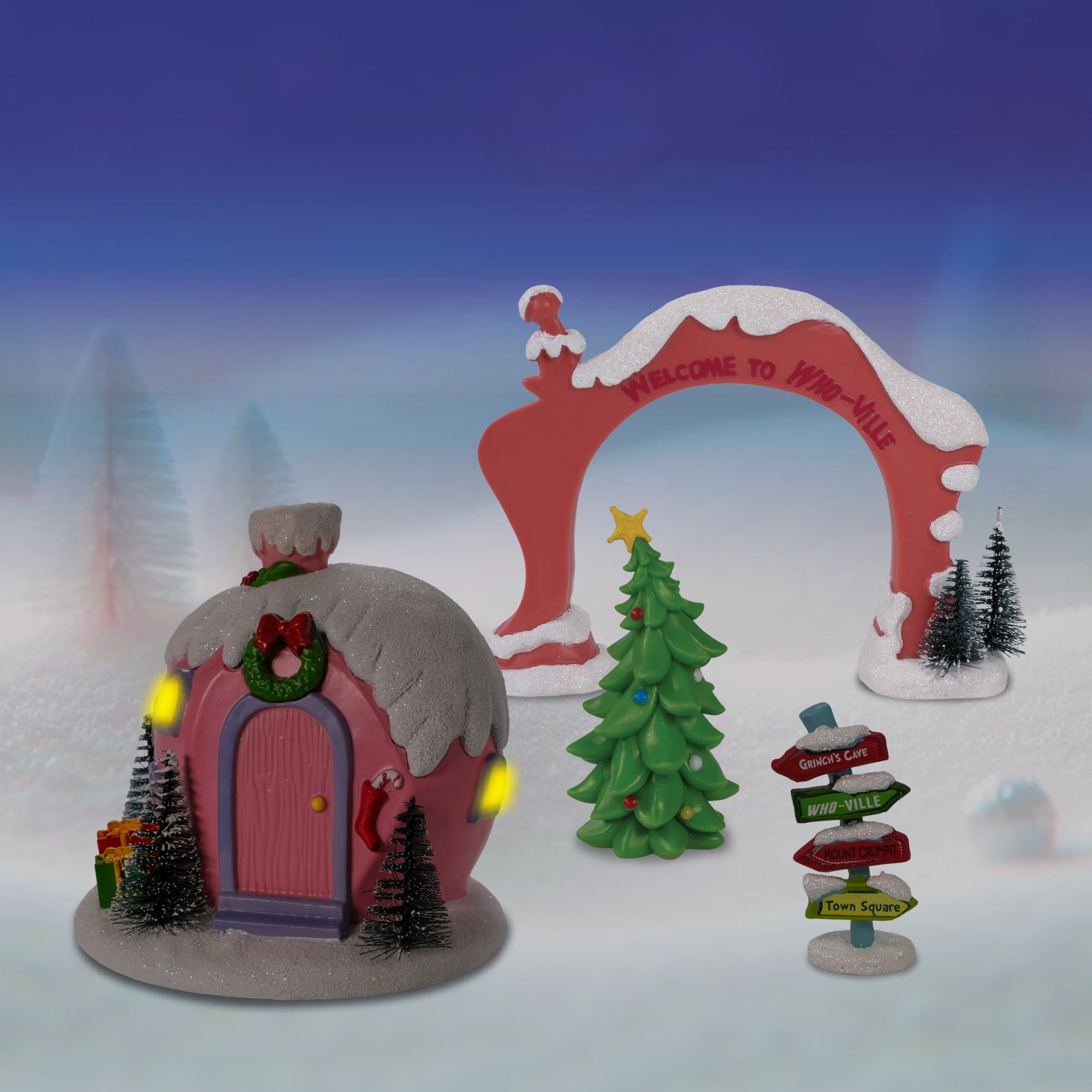 Dr. Seuss The Grinch Whoville Village 4‑Piece Christmas Set — House, Arch, Sign Post & Tree
