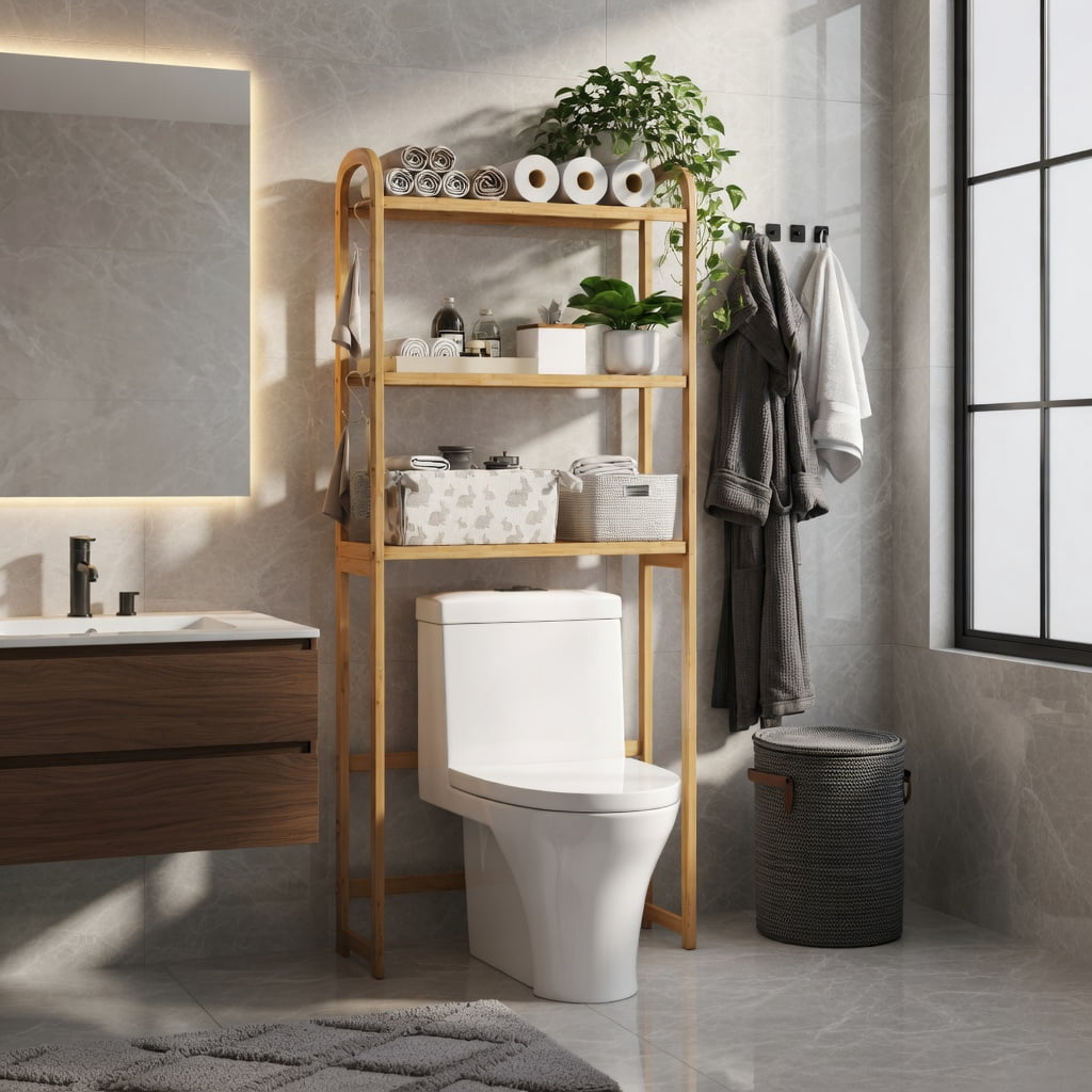 Hommoo 3-Tier Bamboo Over-the-Toilet Storage Organizer, Adjustable 5-Position Shelves, 3 Hooks, Wood Floor Standing Bathroom Shelf with Anti-Tip Kits & Leveling Feet, Natural