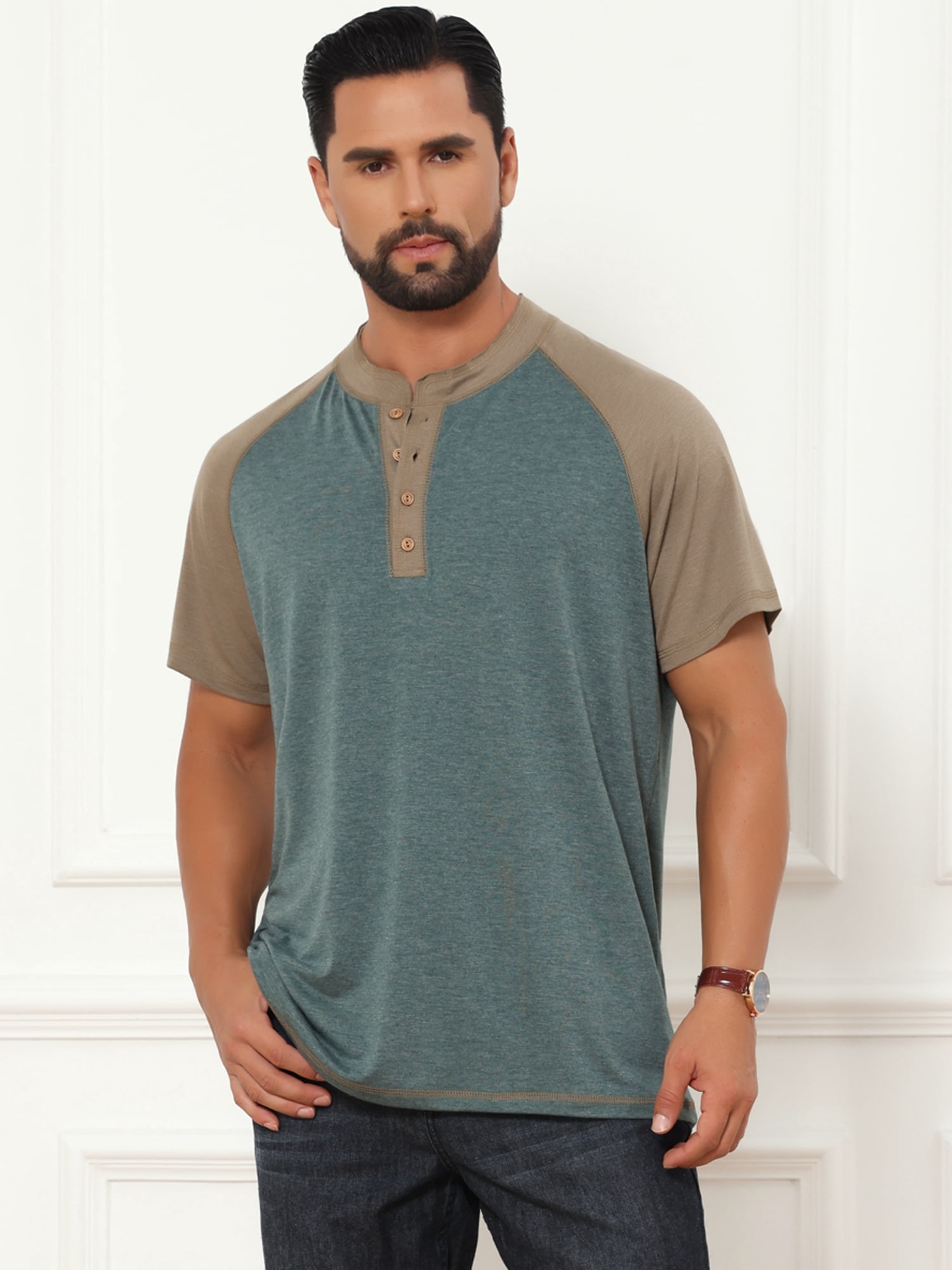 DARING DIVA Men's Raglan Henley Retro Short Sleeve Button Down T-Shirt S Green