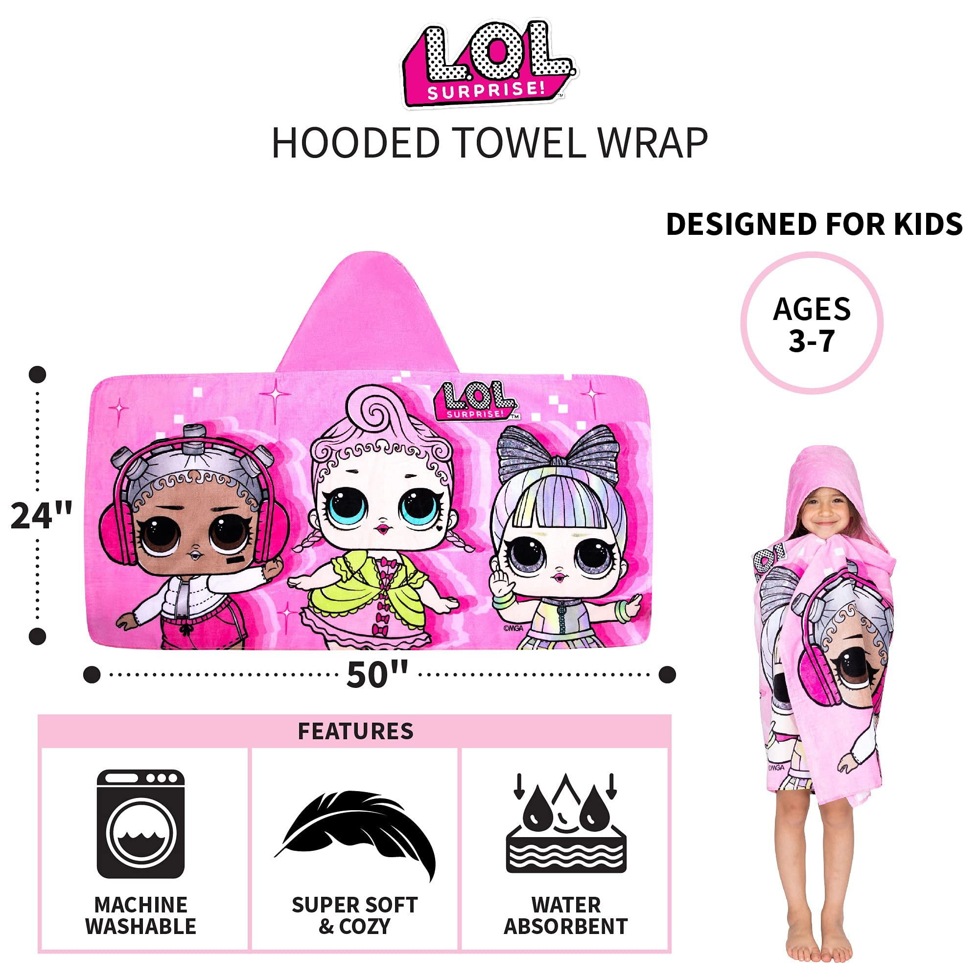LOL Surprise Kids Bath & Beach Soft Cotton Terry Hooded Towel Wrap, 24 in x 50 in