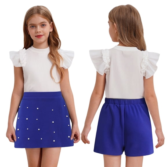 Doomiva Toddler Girls Ruffle Sleeve Ribbed T-Shirt with Culotte Playwear 2PCS Summer Outfits Shorts Sets Daily Wear Blue 150-10Y