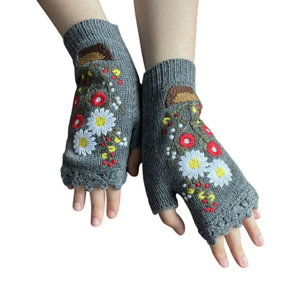 KyCheLot Fingerless Gloves for Women Cute Embroidered Knit Thermal Winter Fall Spring Mittens Arm Warmers