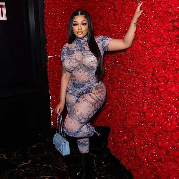 Women Sexy Mesh Print See Through Going Out Birthday Club Print Perspective Mesh Jumpsuit