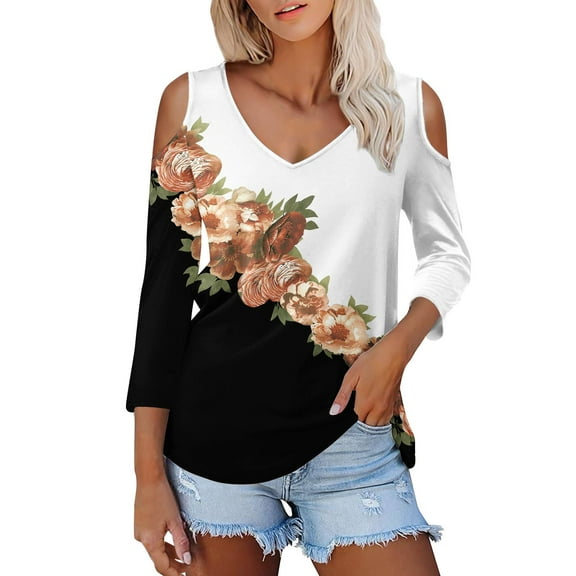 White Women's Long Sleeve T-shirt, 3/4 Length Sleeve Womens Tops 2025 Spring Neck Casual Print Tunic T Shirts Three Quarter Length Womens Tops,Women's Long sleeve T-shirt S