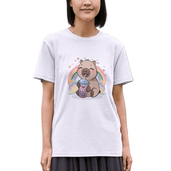 Playera Blanca Unisex Capibara Arcoíris