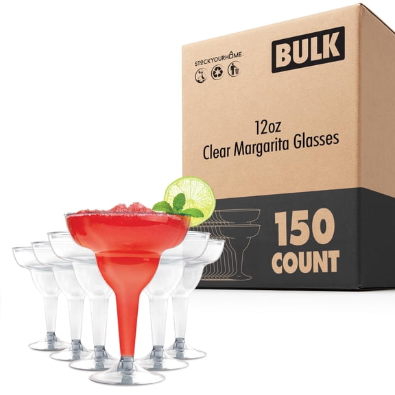 Stock Your Home Clear Plastic Margarita Glasses (150 Pack), Disposable Cocktail Cups for Tropical Party Supplies, 12 oz Hurricane Glasses