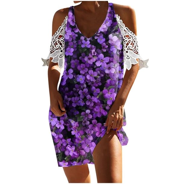 Vestido de playa con cuello en V y manga corta con encaje y hombros descubiertos con estampado floral sexy informal de verano para mujer Pompotops ghjkhdj15632