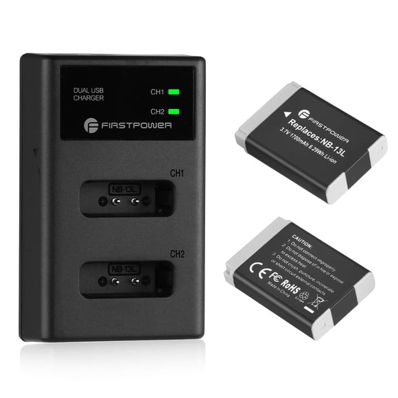FirstPower Lot de 2 Batterie NB-13L et Chargeur USB Double Compatible avec Canon PowerShot G7 X Mark II, G7 X, G1 X Mark III, G5 X, G5X Mark II, G9 X, G9 X Mark