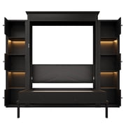 Euroco Wood Queen Size Murphy Bed with Shelves, Convertible Wall Bed with LED Light, Black