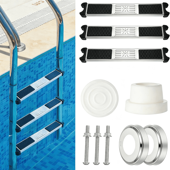 BESTSKY 3 Pack Stainless Steel Pool Ladder Steps Replacement,18" Heavy Duty Pool Steps for Inground Pools,Includes Pool Ladder Bumpers and Escutcheon Plates