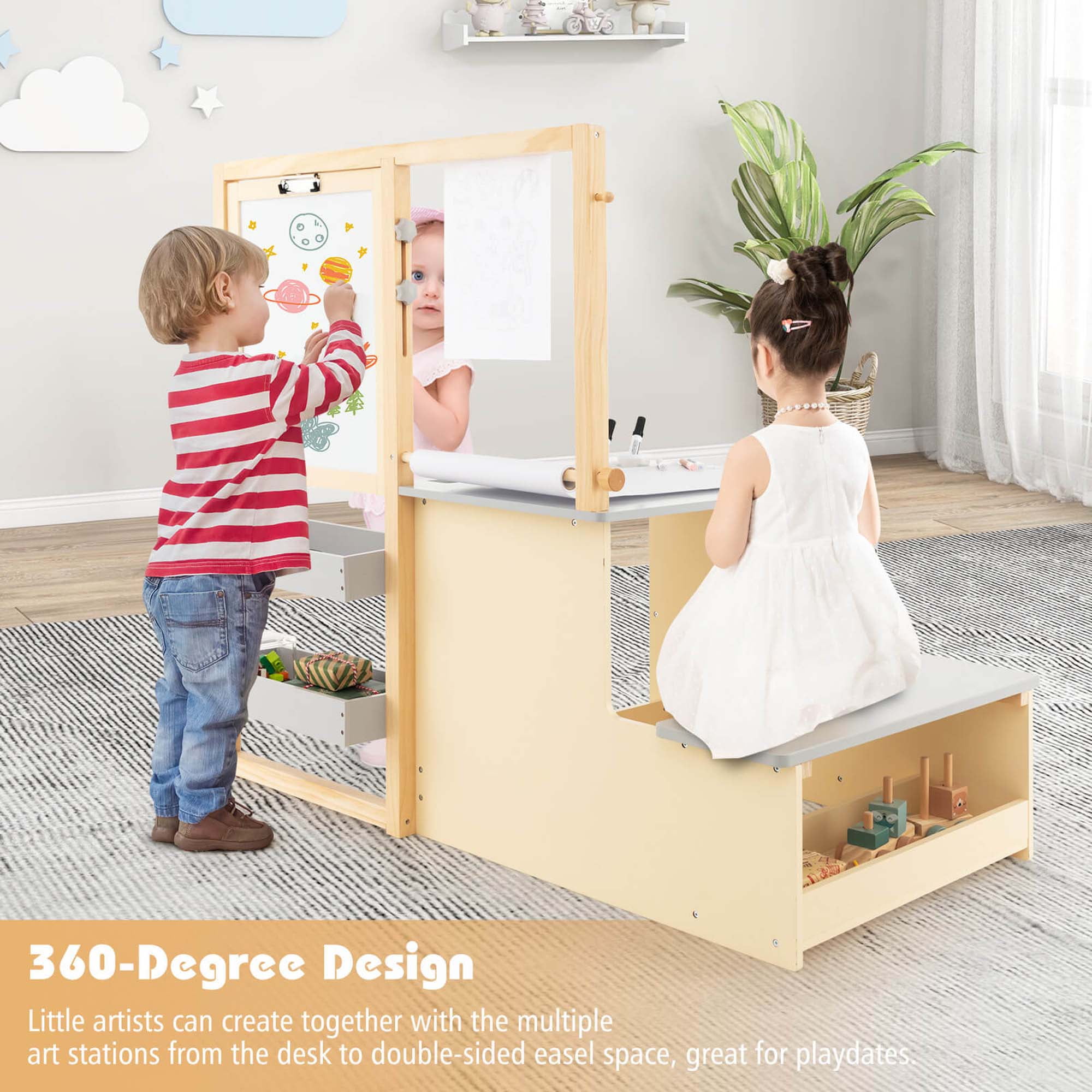 Costway Adjustable Wooden Double-Sided Art Easel with Bench Storage Table