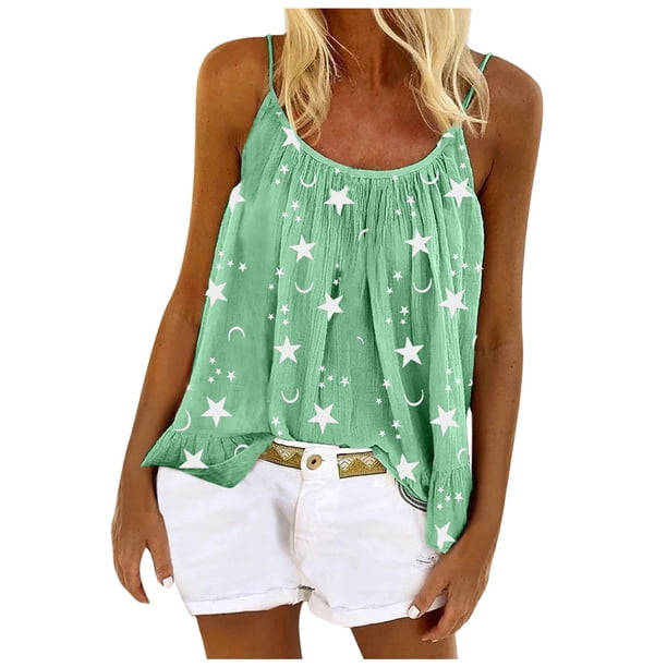 ICHUANYI Clearance Womens Vest Sleeveless Cami Top Ladies Strappy Flared Plus Size Tops Shirt(Green, M) ICHUANYI WER2023081107388
