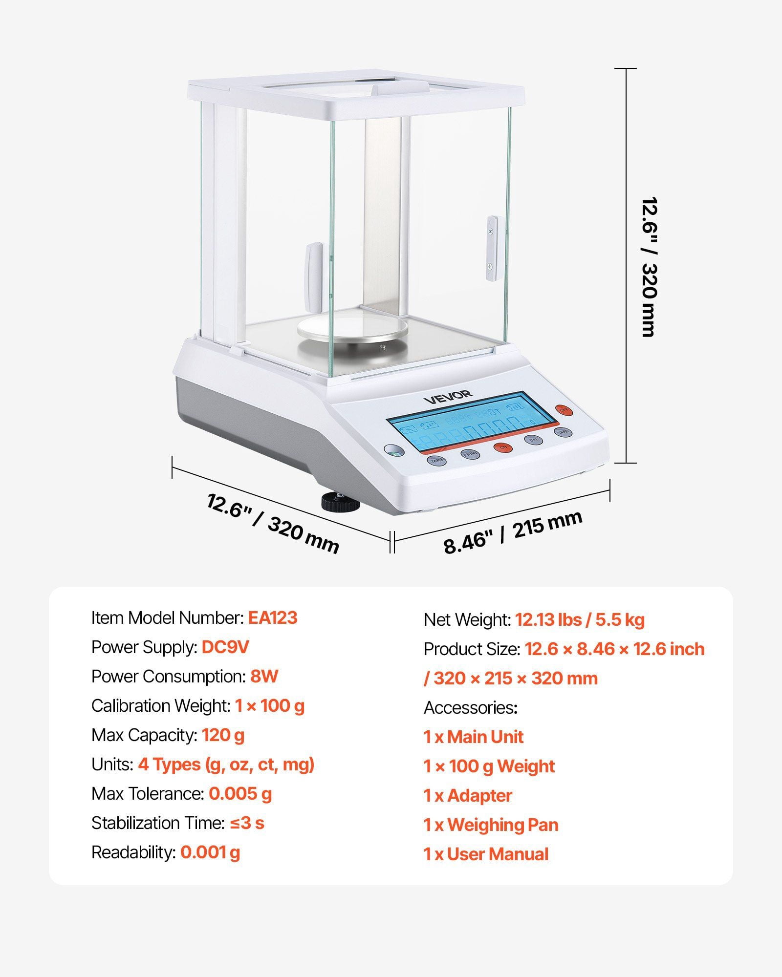 Electronic Analytical Balance 120g x 0.001g, Glass Draft Shield for Lab Jewelry