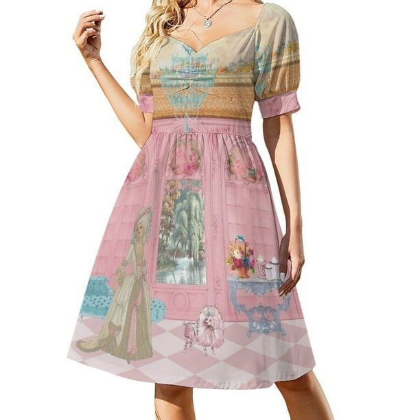 María Antonieta en el Palacio de Versalles con un pastel y su caniche francés rosa. Vestido de manga corta. Falda de mujer.