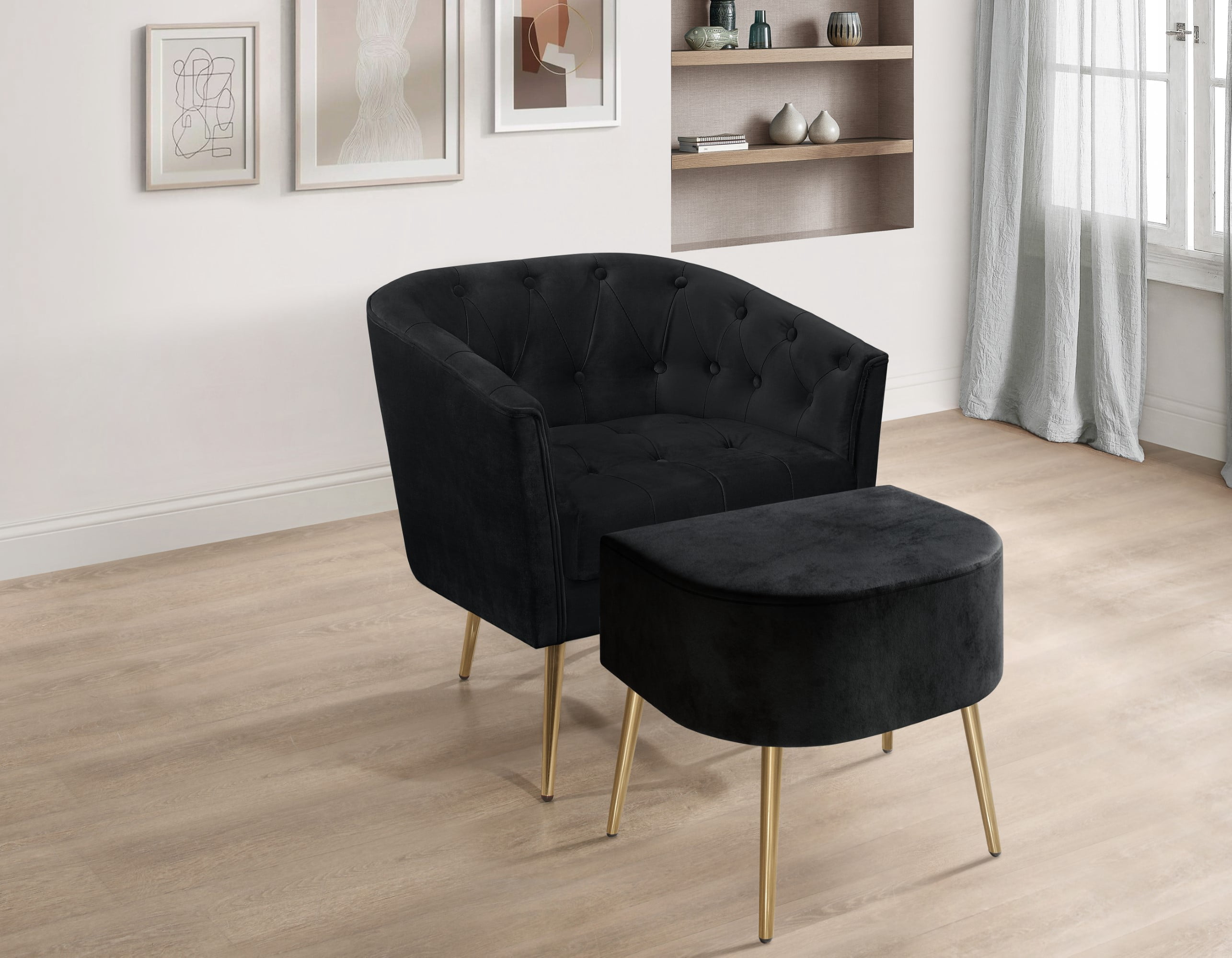 Home Design Cassy Tufted Velvet Flared Arm Chair with Ottoman Stool, Gold Metal Legs and Modern Accent Seating