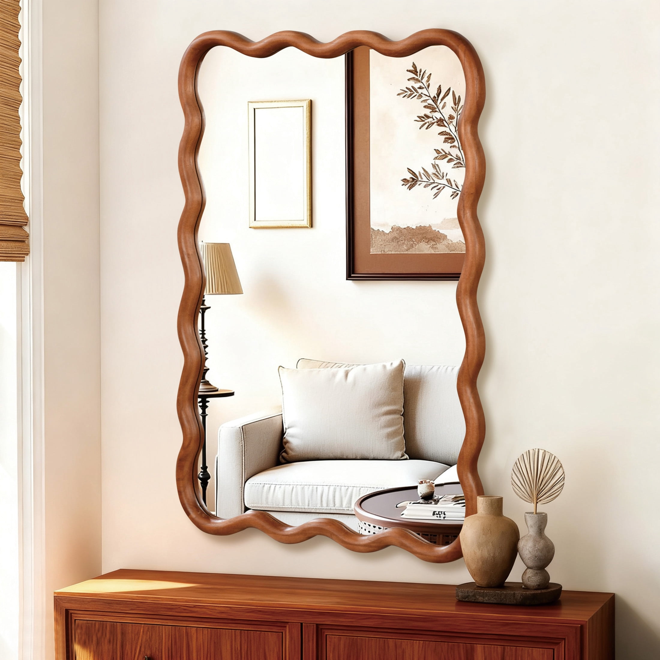 Noble House 24x36 Inch Wavy Rectangle Wall Mirror, Solid Wood Decorative Vanity Mirror, Yellow Brown