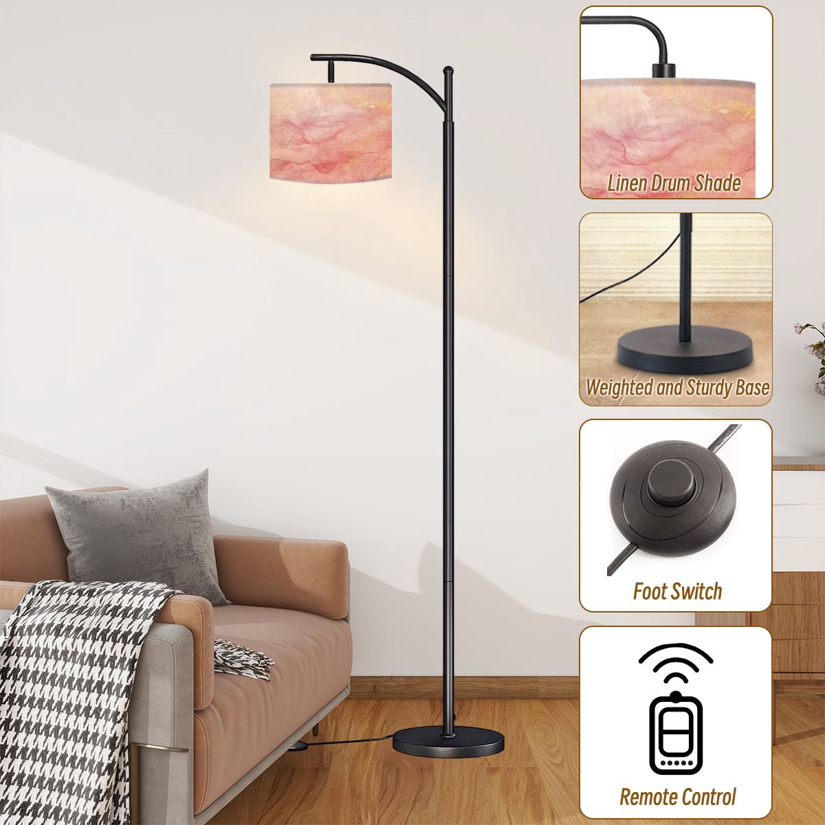 Arc Floor Lamps Rose pink liquid watercolor golden dots Dusty blush marble alcohol ink Modern LED Adjustable Lampshade Standing Light for Living Room Reading Bedroom Office