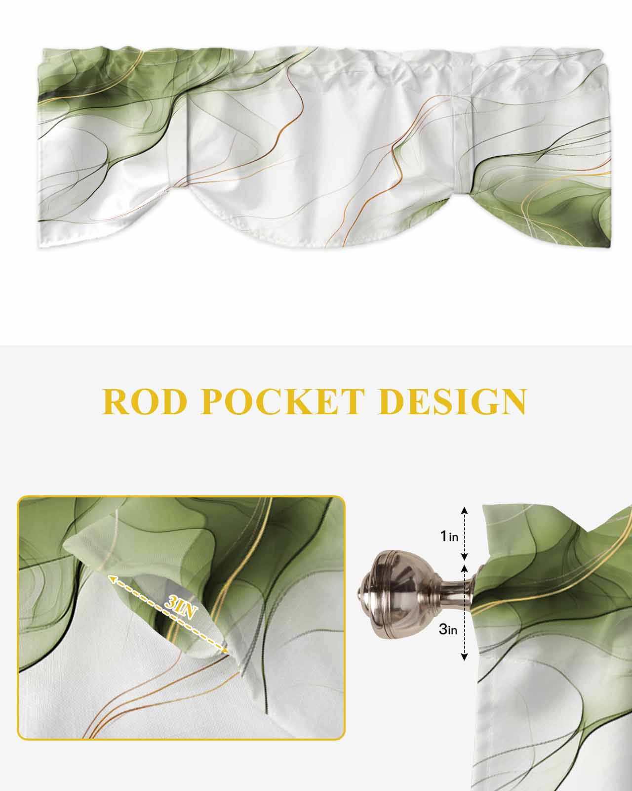 Sage Green Water Ripple Tie Up Valances Curtain, Adjustable Kitchen Vintage Abstract Valances for Windows Decor, Rod Pocket Short Curtains Set for Bedroom/Bathroom, 60"x18"