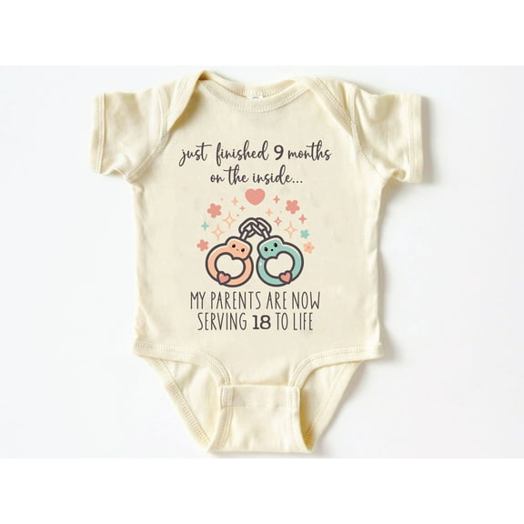 Just finished 9 months on the inside My parents are now serving 18 to life Baby Bodysuit ,Funny New Born New Parent Baby Onesie®, New Mom Gift, Baby Shower Gift , Short Sleeve Tee Bella