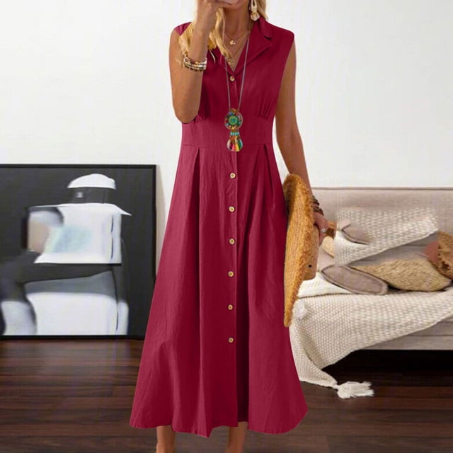 SEAOPEN Robes en Coton et Lin pour Femmes, Robe Maxi Sans Manches Été 2025, Col en V, Boutonnée, pour le Travail, Vin, TG