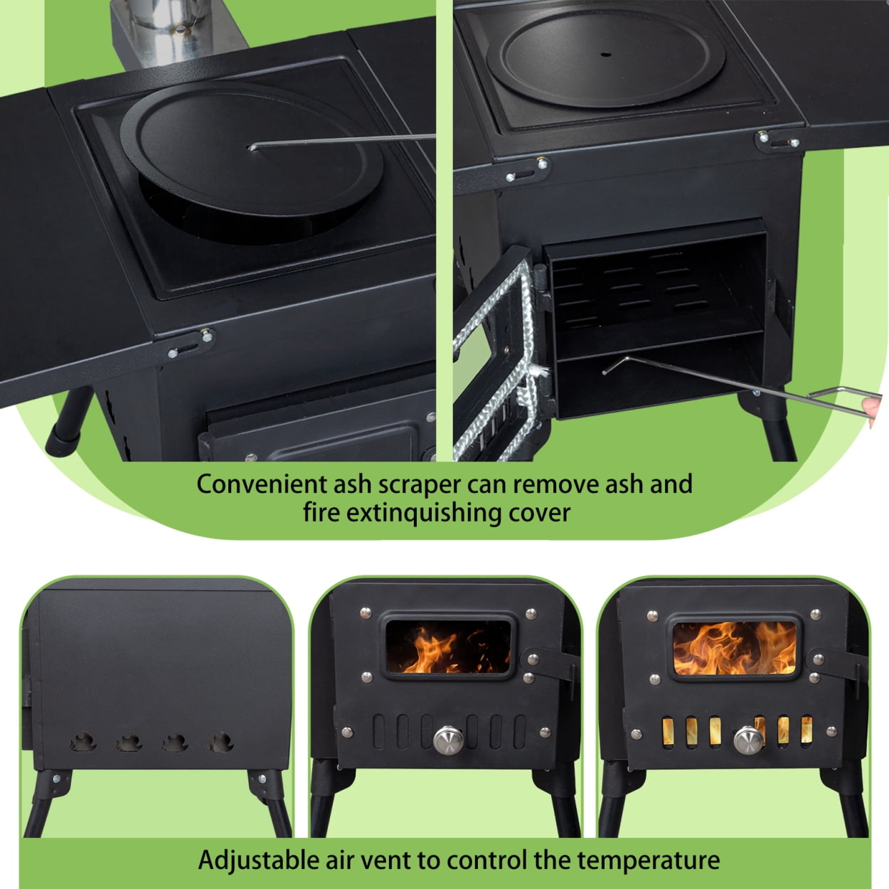 22.56*12.2*14.56 Outdoor Camping Stove, Heavy Duty Iron Outdoor Single Burner Stove with Iron Panel & Chimney & Firewood Hook & Fire Blanket, Portable Cooking Burner for Camping Cookout, Black