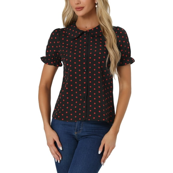 INSPIRE CHIC Valentine's Day Women's Polka Dots Shirt Short Puff Sleeve Vintage Button Up Peter Pan Collar Blouse Tops L Black