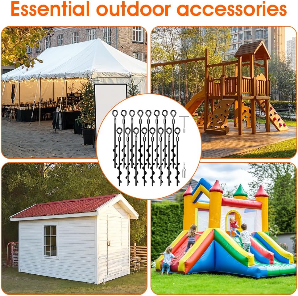 Heavy Duty Ground Anchors 16x14 Inch -  Tent Stakes with T-Wrench for Camping, Trampoline, Canopy & Swing Sets - Black Anti-Rust Steel