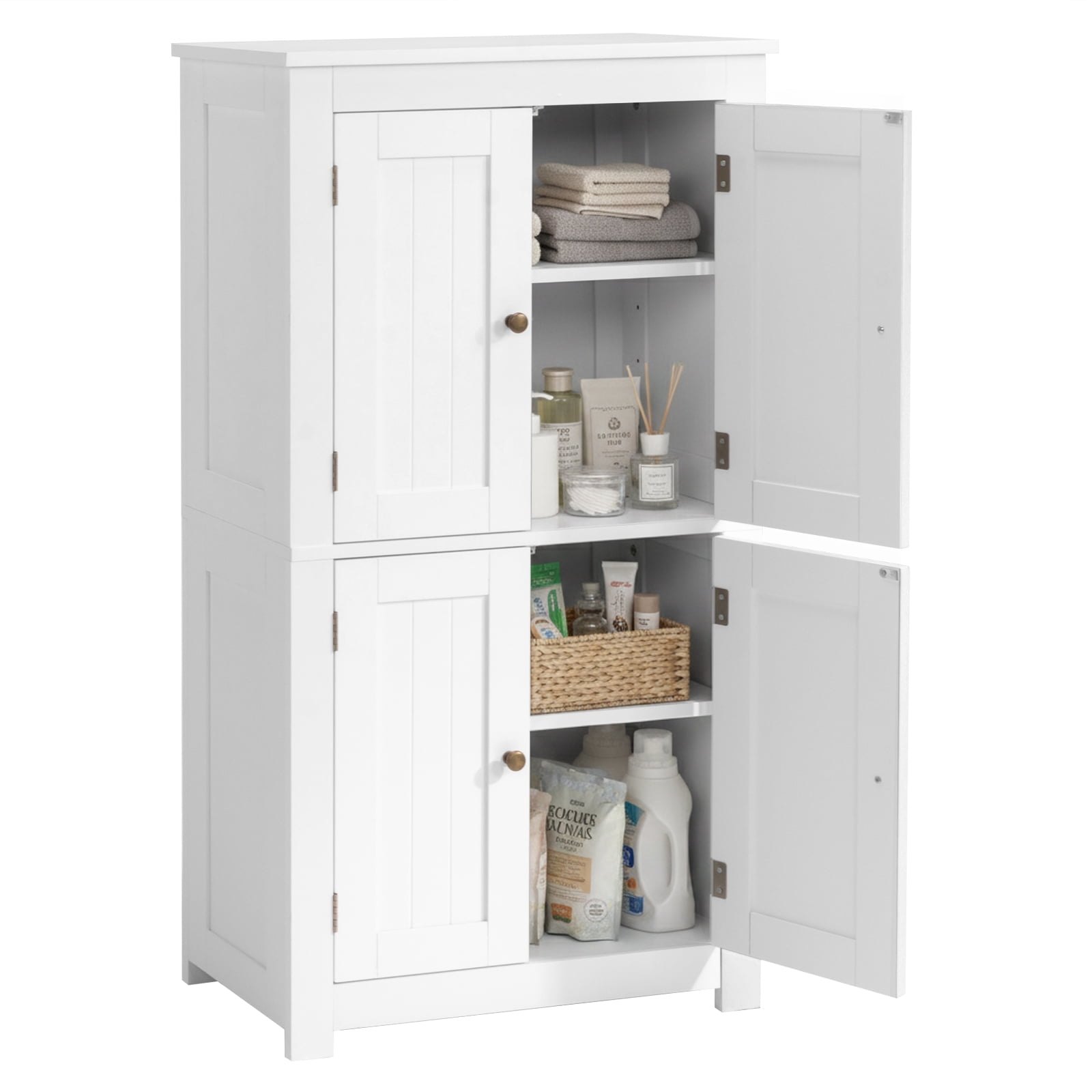 Ktaxon Bathroom Floor Storage Cabinet, Freestanding Cabinet with 4 Doors, Adjustable Shelves, White